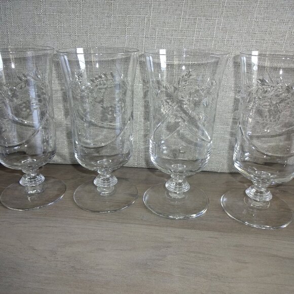Set of 4 Vintage Libbey Rock Sharpe ? Etched Iced Tea Water Glasses Flowers - Picture 4 of 9